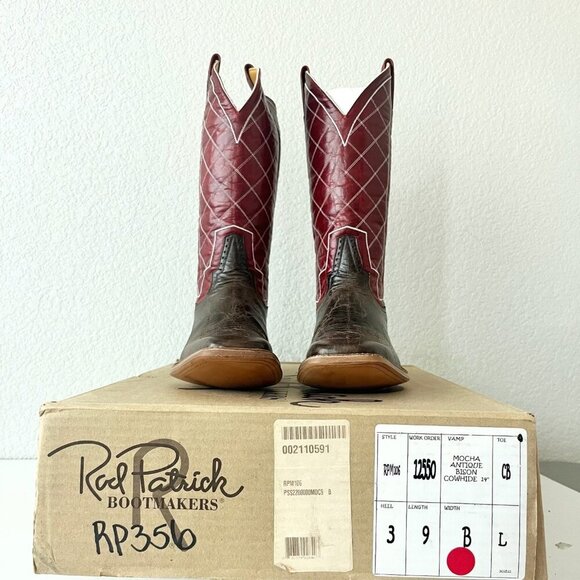 Rod Patrick Mens Cowboy Boots 9A Brown Mocha Bison Red Top Square Toe Western - Picture 11 of 13